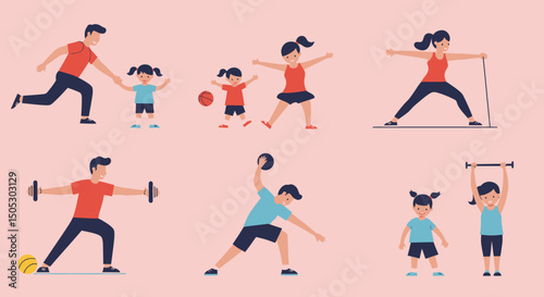 Active Family Fitness Parents and Children Exercising Together