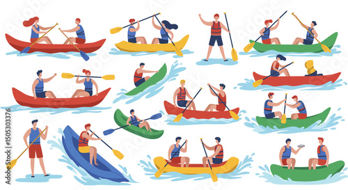 Colorful canoes and kayaks with people paddling on water summer outdoor activity