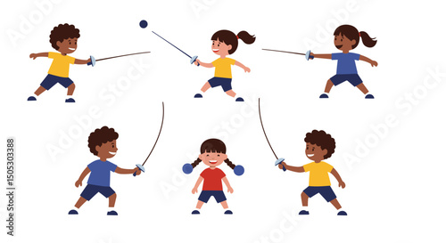 Diverse Children Engaging in Fencing Poses