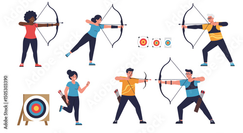 Diverse Archers Aiming Arrows at Targets in Colorful Dynamic Poses