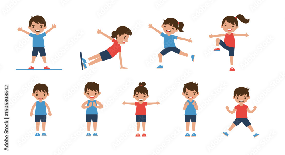 Diverse group of cartoon children demonstrating various exercise poses with happy expressions Diverse group of cartoon children demonstrating various exercise poses with happy expressions