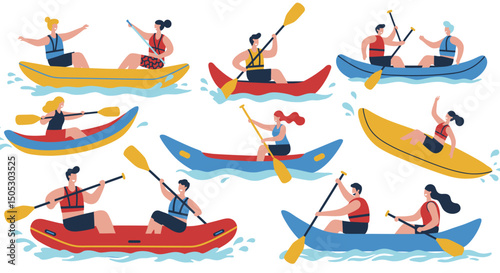 Diverse Group Kayaking and Canoeing on Water