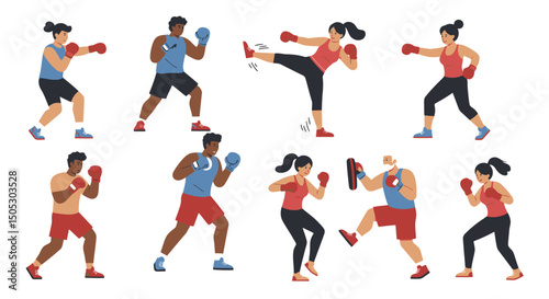 Diverse Group of Boxers and Kickboxers in Action Poses