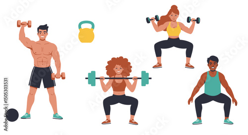 Diverse group exercising with dumbbells barbell kettlebell and medicine ball