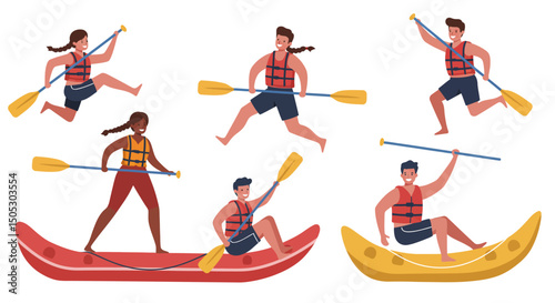 Diverse Group of Happy People Kayaking and Canoeing in Summer