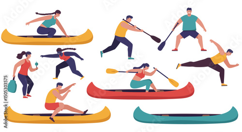 Diverse group of people canoeing paddling and engaging in water activities