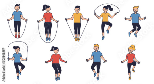 Diverse Group of People Exercising with Jump Ropes in Various Poses (1)