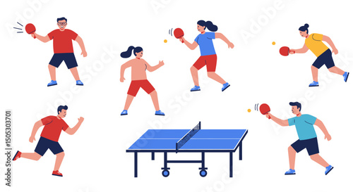 Diverse Players Engaging in a Dynamic Table Tennis Match with a Blue Table