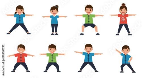 Eight Children Performing Diverse Tai Chi Poses