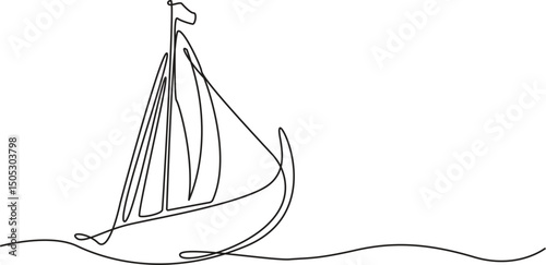 Continuous One line drawing of Viking Ship. Focusing on the shape of the ship and simple sails without excessive details. Vector Illustration, Editable Stroke.