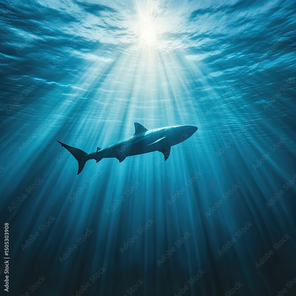 Fototapeta premium Great white shark swimming in crystal clear ocean water under sun rays, representing marine life and ocean predators. Banner for marine conservation, ocean biodiversity, or shark awareness campaigns.