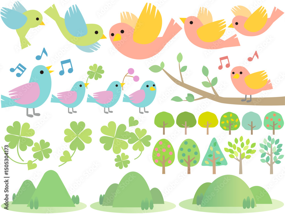 Obraz premium Cheerful Avian & Nature Motifs: Playful Birds, Clovers, and Trees for Kids’ Wall Art & Nursery Decor