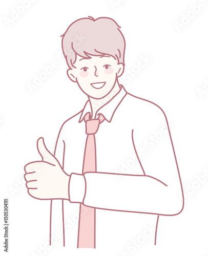 A confident young man in business attire expresses positivity and approval with a thumbs up gesture.