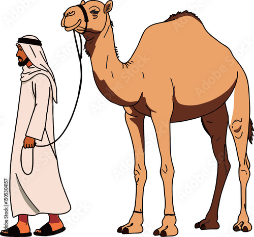 A man dressed in traditional Middle Eastern clothing is walking while leading a camel by a rope. 