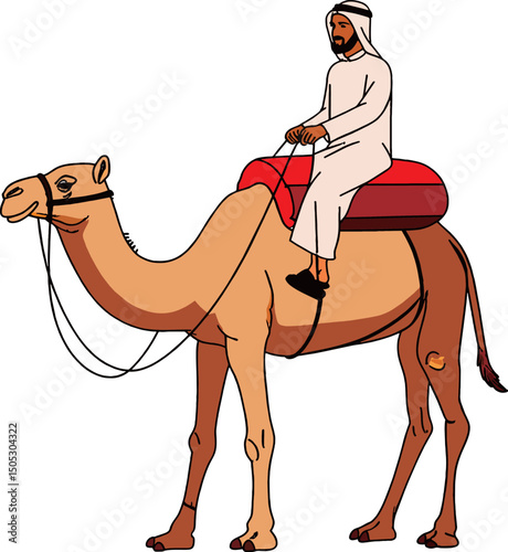 Middle Eastern man dressed in a black robe and headscarf, riding a camel.