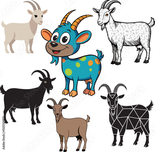 various artistic representations of goats in different styles, including realistic, cartoon, abstract, geometric, and patterned designs.
