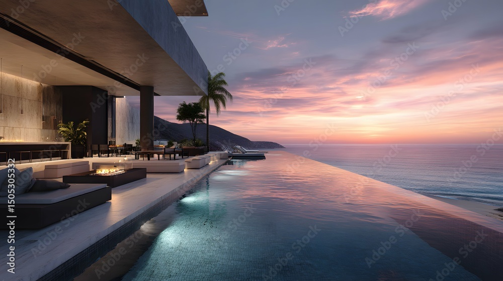Fototapeta premium Cliffside infinity pool dances with sunsets, like a jewel amid luxury resort waves.