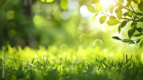 A fresh spring sunny garden background of green grass and blurred foliage bokeh.