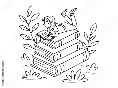 A girl enjoys reading on a stack of books in a garden setting, A whimsical black and white illustration depicts a girl resting on a stack of books, engrossed in reading. reading, books, stack of books