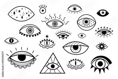 Evil eyes, Hamsa, hand of Fatima in line art. Abstract talismans with eye shapes, Greek Turkish esoteric sign for design, tattoo, card, poster, colouring. Magic witchcraft occult, yoga, lifestyle