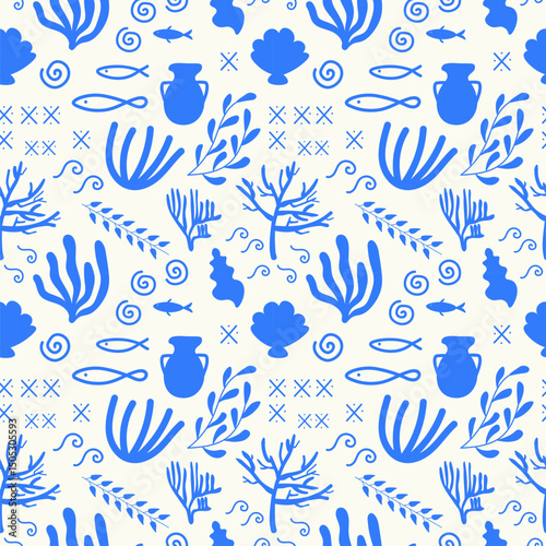 Mediterranean ornamental blue seamless pattern with ceramics, seaweed, shells, fish, branch, ornament. Repeating vector background with sea Greek motif for design, template, card, textile, print paper