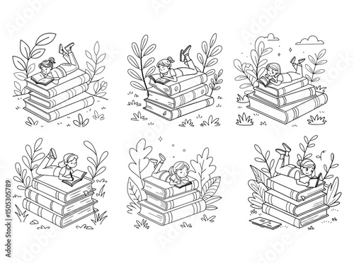 Cute girls relaxing on stacks of books in a whimsical garden setting, collection of twelve illustrations featuring girls relaxing on books in a garden setting,  girls, children, reading, books, stacks