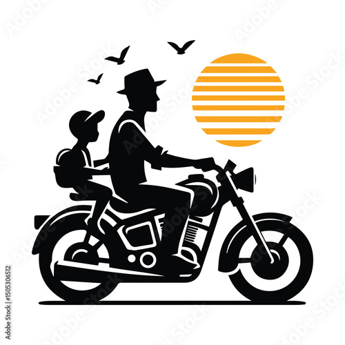 Dad and son riding a bike together vector illustration