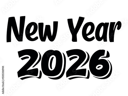 Happy New Year, 2026, Graphic Design, design featuring the text "Happy New Year 2026" in a fun, stylized, and cartoonish font. Typography Design,  Stylish, Trendy, 2026 New Year, New Year's Eve, Winte