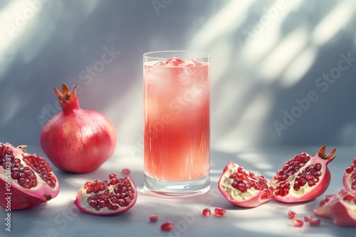 Fresh pomegranate juice in a tall glass, surrounded by ripe open pomegranates with vibrant red seeds. Clean background, natural lighting, healthy drink concept, vertical composition. Copy space