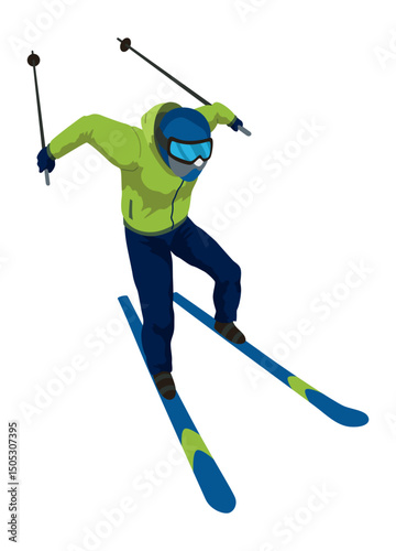 Skier, icon. Sportsman doing sport activity. People riding skis. Cartoon winter sport character, travel activity. Concept of vacation. Vector illustration isolated on white background