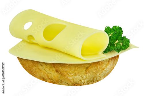 Bread roll and cheese isolated on white background