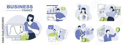 Business and finance concept set for web design. Collection with people make financial analysis, brainstorming, planning income growth strategy. Flat vector illustration isolated on white background.