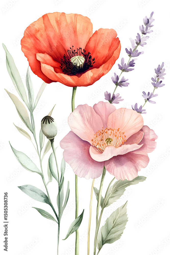 Naklejka premium Watercolor poppy, lavender, and pink flower bouquet with green leaves isolated on transparent background