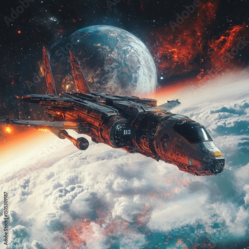 Wallpaper Mural Futuristic spaceship navigating through a vibrant cosmic landscape Torontodigital.ca