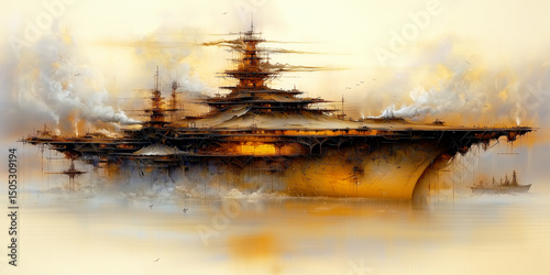 Digital painting of a large naval warship with intricate superstructure amidst steam and hazy light.