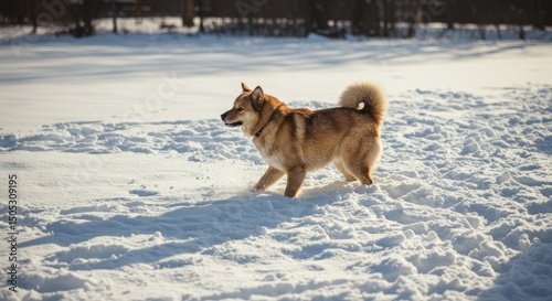 Dog enjoying a joyful romp through snowy field on a bright winter day