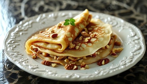 Golden crispy qatayef pancakes with nuts on elegant plate with copy space photo
