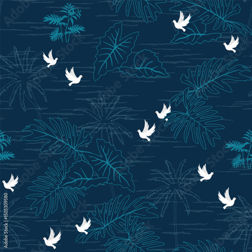 Hand drawn tropical leaves with white pigeons seamless pattern on navy blue background
