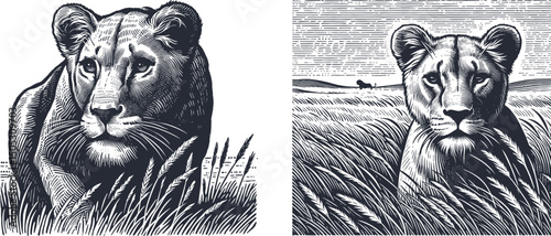 detailed engraving-style woodcut designs featuring a lioness hunting in the grassland, showcasing wildlife art with intricate line work and natural habitat elements