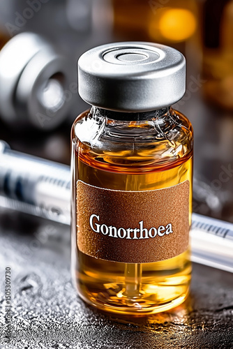 Gonorrhoea medication vial with a syringe in the background representing treatment for a sexually transmitted disease.