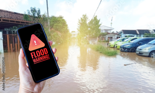 Canvas Print Alert symbol on smartphone over blurred flooding rains in Thailand, flood warnin