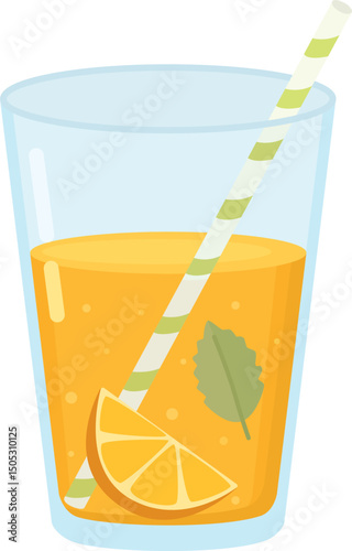 Glass of lemonade with orange slice, mint leaf and straw. Summer citrus drink isolated on white background