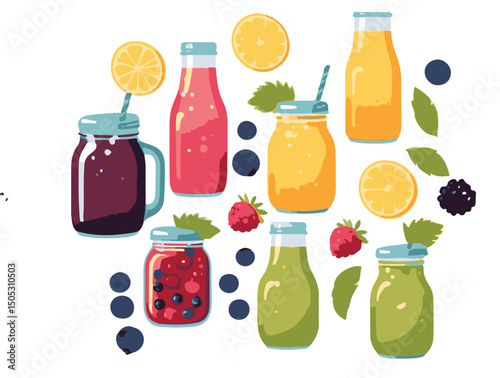 Fresh drink pack. Bottles and glasses with sweet and sour flavors.

