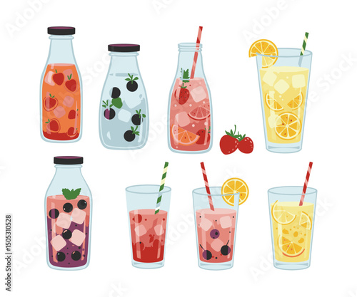 Sweet and sour drink set. Bottles and glasses with fruity details.
