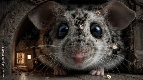 Fairy small mouse hole house. Cute cartoon hidden rat home door in baseboard background. Comic close mice burrow vector illustration. Brown tiny entrance for lodger in plinth wide game wallpaper.