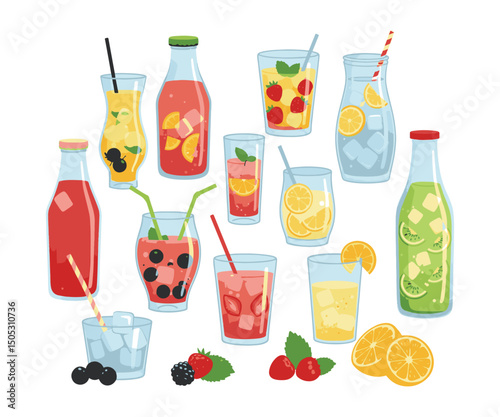 Homemade drinks collection on white. Juices, lemonades, and water with fruits and ice.

