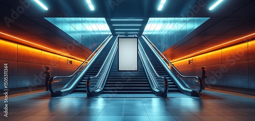 Subway station mockup with illuminated escalators and blank ad screen

