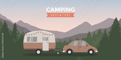 camping adventure car with caravan in nature landscape vector illustration