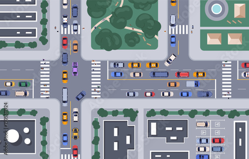 City traffic at road intersections, top down view. Busy urban crossroads with cars, auto transport, automobile vehicles, trucks, zebra, lanes and parking from overhead. Flat vector illustration.