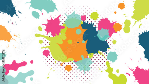 Bright abstract paint splash background with scattered ink blots and halftone dots on a clean white base ideal for posters prints banners and digital projects